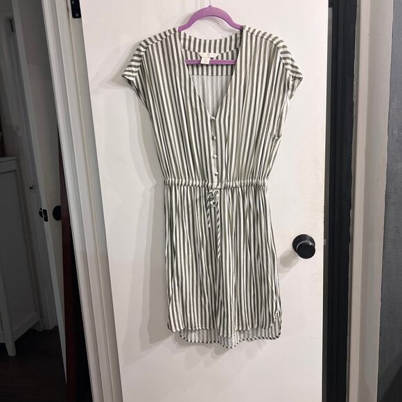 h&m White & Green Vertical Stripe Short Sleeve Drawstring Waist Midi Dress - 4 - Picture 6 of 12